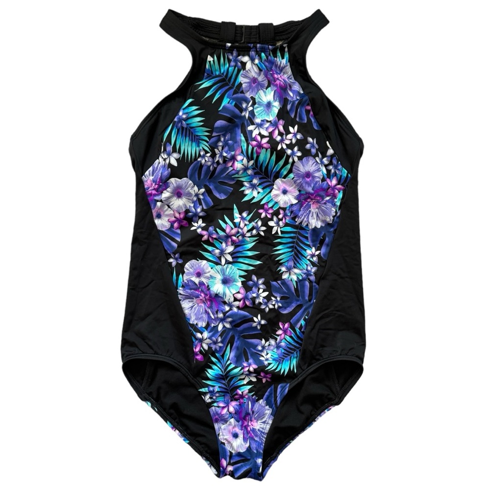 Lands’ End One Piece High Neck Swimsuit Built In Bra Size 6 Black Floral